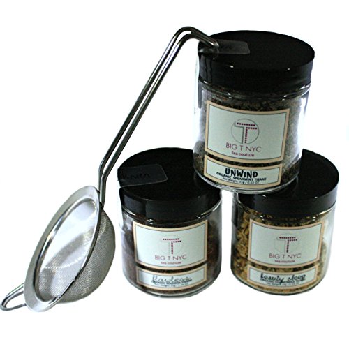 BIG T NYC Nude Collection Organic Loose Leaf Caffeine-Free Herbal Tea Gift Set Includes; Chamomile Tisane, Spearmint Tisane, Rooibos Tisane and an Oversized Stainless Steel Tea Strainer