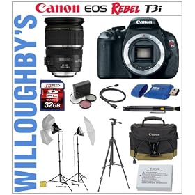 Canon EOS Rebel T3i 18 MP CMOS Digital SLR Camera Body + Canon EF-S 17-55mm f/2.8 IS USM Lens + Transcend 16GB SDHC Class 10 Memory Card + Canon LPE8 Spare Battery + 3pc Essential Filter Kit + Smith-Victor KT500U Lighting Kit + Sunpak Digital Mon-Tripod + Canon Deluxe Gadget Bag! Willoughby's Est. 1