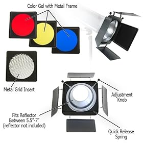 Fotodiox 11-U-Barndoor-Norman-M Fotodiox Universal Barndoor Kit with Honeycomb Grid (45 Degree) and Color Gels for Norman MonoLight ML600R, ML400R Strobe Light with 5.5-Inch - 7-Inch Reflector, Barn Door - Black