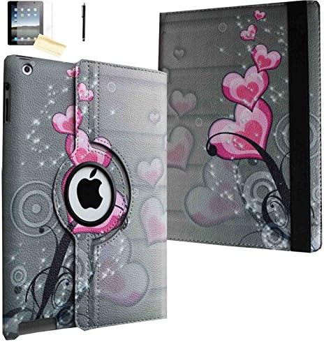 iPad Mini Case - JYtrend (TM) 360 Degrees Rotating Stand Leather Magnetic Smart Cover Case With Wake Sleep Feature For iPad Mini 1/iPad Mini 2/iPad Mini 3, With Free Screen Protector, Stylus and Cleaning Cloth, Pink Heart Flower