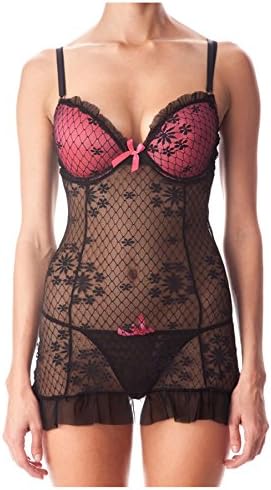 G Allure Women's Lace and Mesh Chemise and Thong Lingerie 2 Piece Set(LNG-LST,PNK-M)