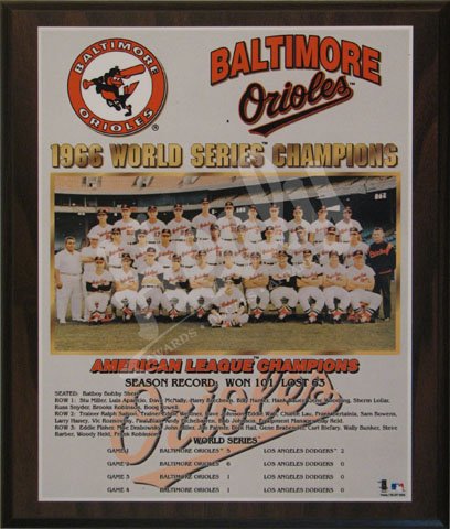 Baltimore Orioles Large Healy Plaque - 1966 World Series Champs