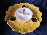Vintage 1950s California Pottery Mustard Yellow Sectional Snack Vegetable Hors 'd Oeuvres Tray Side Plates w/ Lazy Susan - 5 piece set