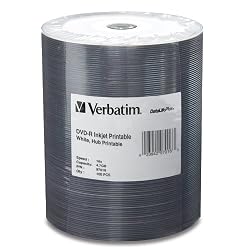Verbatim 97016 4.7 GB up to 16x DataLifePlus White Inkjet Hub Printable Recordable Disc DVD-R (100-Disc Spindle Tape Wrap)