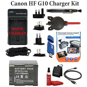 Canon VIXIA HF G10 Charger Accessory Kit + International Charger + Spare Battery BP-819 + Card Reader + LCD Screen Protector + Giotto's Rocket Air Blower + Lens Pen Cleaning System + Cleaning Solution + Micro Fiber Cleaning Cloth + HDMI Cable