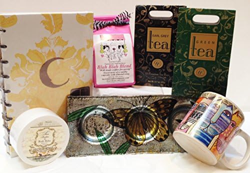 Coffee, Tea, & You Comfort Gift Set - Laurel Burch Mug, Shea Butter Lotion, Europa Glass Candle Holder, Coffee, Teas, CR Gibson Journal (Spring)
