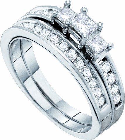 14K White Gold 1CT Princess Cut 3 Stone Wedding Set 37 Sparkling Total Diamonds