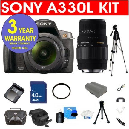 Sony A330L 10.2 MP Digital SLR Camera with 18-55mm f/3.5-5.6 Standard Zoom Lens + Sigma 70-300MM Macro Zoom Lens + High Capacity Li-Ion Battery + 4 GB Memory Card + 50" Titanium Anodized Tripod + 6 Piece Accessory Kit + Deluxe Padded Camera Bag + Multi-Coated Glass UV Filter + Multi-Coated Glass Polarizer Filter + 3 Year Warranty Repair Contract
