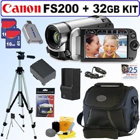 Canon FS200 Flash Memory Camcorder (Misty Silver) + 32GB Deluxe Accessory Kit