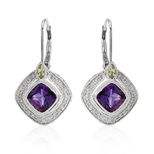 Earrings With 3.50ctw Precious Stones - Genuine Amethysts, Clean Diamonds and Peridots Crafted in 14K White Gold. Total item weight 6.7g Length 28.0mm