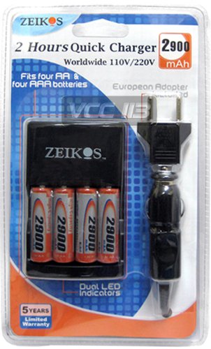 Zeikos ZE-DCQ3950 Rapid 1 Hour LCD AA/AAA Battery Charger with 4 AA 2900mAh Batteries Included (Black)