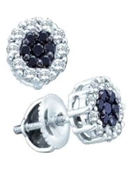 1.48 cttw 14k White Gold Black Diamond and White Diamond Floral Halo Style Stud Earrings (Real Diamonds: 1.48 cttw)