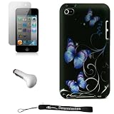 Blue and Purple Butterfly Design on Black Cover / 2 Piece Snap On Crystal Case for New Apple iPod Touch 4 ( 4th Generation 8GB 16GB 32GB ) + Includes Anti Glare Screen Protector Guard + Includes a USB Travel Car Charger