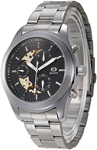Gucamel Mens Noble Skeleton Hollow Stainless Steel Automatic Mechanical Quartz Wrist Watches-Black
