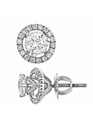 Certified Natural Round Brilliant Cut Diamond Stud Earrings Martini 3-Prongs Set With Jackets 14k White Gold (1 Carat, SI-1/SI-2 Clarity, H Color)