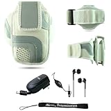 White Adjustable Deluxe Sportband / Workout Armband with Adaptable Neck Str ....