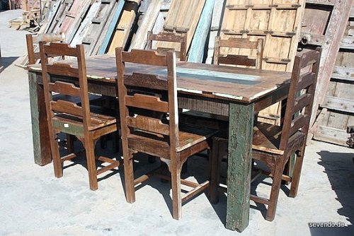 Indien Antik: massiver Esstisch+6 Stühle Rainbow Finish