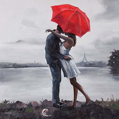 JonathanOutletStore Kissing in the Rain Under Red Umbrella Oil painting On Canvas Home Wall Decor Frameless print 16x20inch