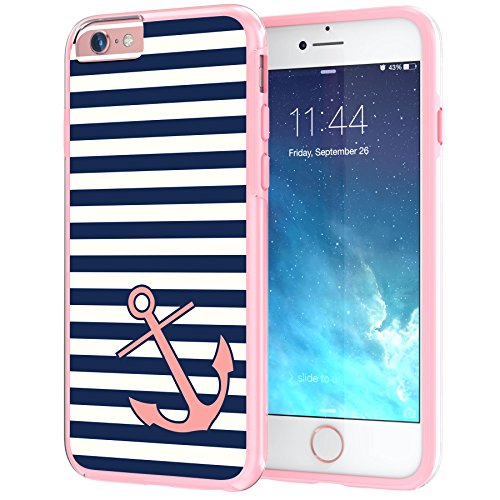 iPhone 6 6s Case, True Color® Nautical Coral Anchor on Stripes Printed on Clear Transparent Hybrid Cover Hard +Soft Slim Thin Durable Protective Shockproof TPU Bumper +Stylus +Screen Protector - Pink