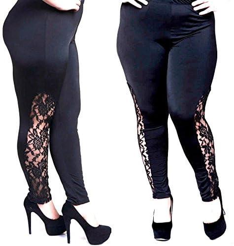 Womens Plus Size black Leggings with Elegant lace Panel Sizes YP1283 Made in USA (1X)