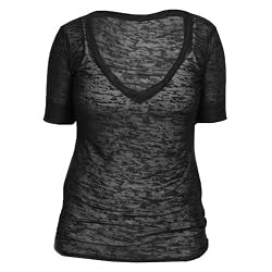 Black All Over Classic Print Burnout Burn Out Partially See through Deep V Tee, Fashion Forward!