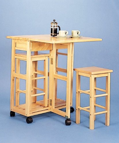 3pc Portable Breakfast Set/kitchen Island Table in All Natural Solid Wood Drop Leaf Top with 2 Matching Wood Stools on Casters