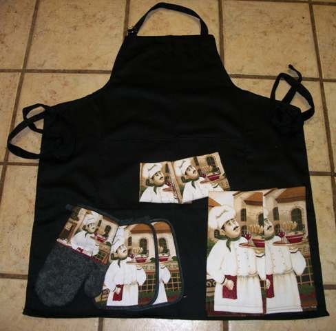 Black Apron with Large Pockets/ With 2 Chef Dish Towels/1 Oven Mitt/2 Pot Holders and 2 Dish Cloths