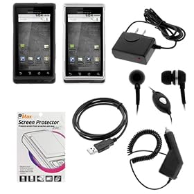 GTMax Solid Black Rubber Hard Crystal Case + Clear Crystal Case + LCD Screen Protector + Car Charger + Home Travel Charger + Sync USB Data Cable + Black 3.5mm Stereo Headset Handsfree for Verizon Motorola Droid A855 Cell Phone
