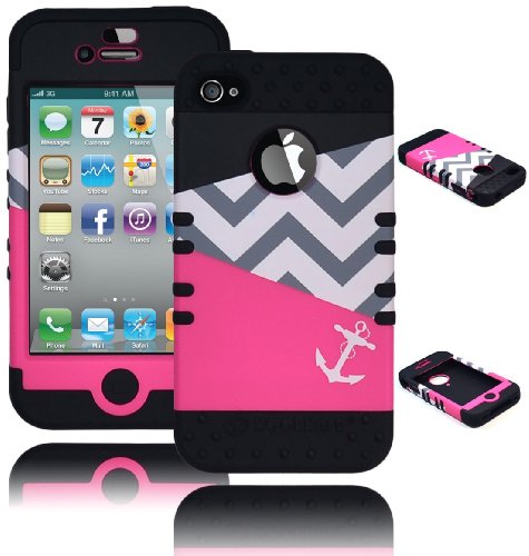 Bastex Heavy Duty Hybrid Case for iPhone 4, 4S, 4th Generation - Black Silicone / Pink Anchor Chevron Hard Shell