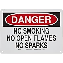 Brady 25083 10" Height, 14" Width, B-401 Plastic, Black And Red On White Color No Smoking Sign, Legend "Danger, No Smoking No Open Flames No Sparks"