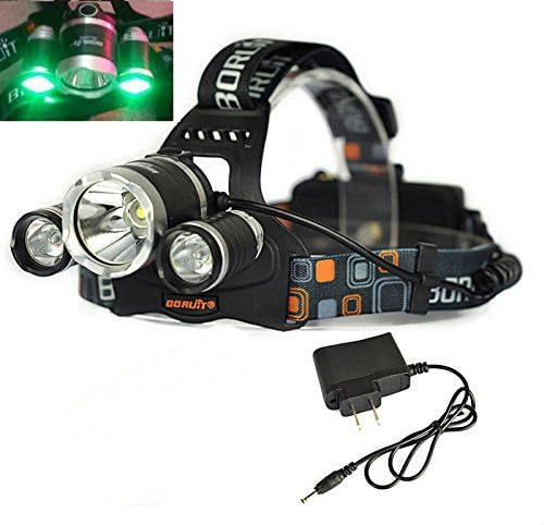 Yueling@ Green Color Shooting Headlamps Light Tactical 3000LM 3 x Cree XM-L T6 +2 x Green R5 LED Head Headlight Torch Lamp GREEN Lights Headlamps for and Charger