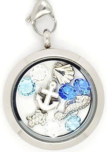 Sea Life Summer Ocean Floating Charms Pendant Memory Glass Locket Necklace - 316l Stainless Steel (Plain Silver-tone Face)