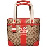 AUTHENTIC COACH HERITAGE SIGNATURE STRIPE SMALL TOTE 11349 (Khaki/Geranium)