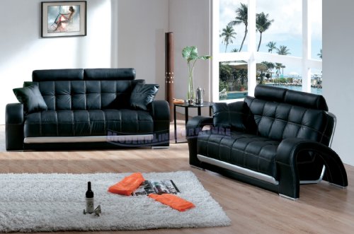 Black Leather w/Silver Backwall Sofa and Loveseat Set