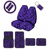 A Set of 2 Universal Fit Animal Print High Back Bucket Seat Covers, Wheel Cover, 2 Shoulder Pads 4 Floor Mats, and 1 Key Fob - Zebra Purple