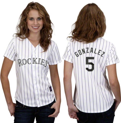 MLB Women's Colorado Rockies Carlos Gonzalez White/Purple Pinstripes Home Short Sleeve 5 Button Synthetic Replica Baseball Jersey Spring 2012  (White/Purple Pinstripes, X-Large)