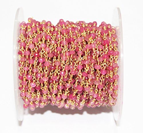 5 FEET Natural dyed ruby Quartz rosary style beaded chain dyed ruby Quartz Roundelle beads 3mm 24k Gold Plated Plated Wire wrapped rosary link chain