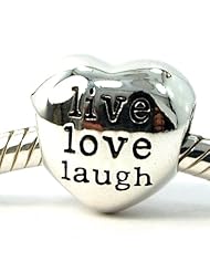 .925 Sterling Silver " Live Love Laugh on Heart " Bead Compatible with Pandora Chamilia Kay Troll Bracelet