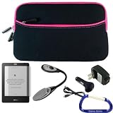 Gizmo Dorks Soft Neoprene Zipper Case (Black with Pink Trim), Screen Protector, LED Light, and Charging Bundle with Carabiner Key Chain for the Kobo eReader Touch Edition