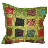 Moti Bead Green Gold India Sari Floor Pillow Cushion 24