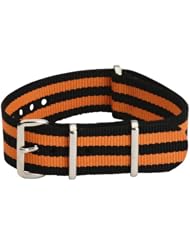 20mm Classic SS Nylon Striped Black / Pumpkin Orange - Easily Interchangeable Replacement Military Watch Band / Strap - Fits All Watches!!!