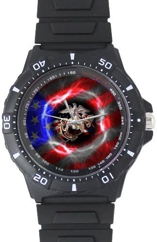 USMC United States Marine Corps Logo and American Flag Custom Black 100% Plastic Quartz Watch, Sports Watch