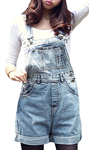 Difyou Women's Denim Overalls Shorts Washed Fitted Jeans Shortalls Blue