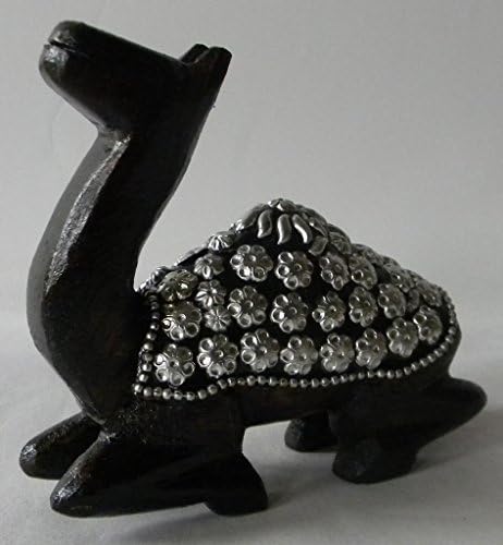 Incredible Indian Art Decorative Wooden Small Camel Figurine with Metal Work - Hand-Carved Wood Animal Figurines of an Egyptian Sitting Camel Statue
