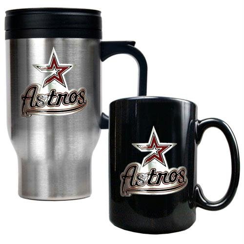 MLB Houston Astros Stainless Steel Travel Mug & Black Ceramic Mug Set - Primary Logo