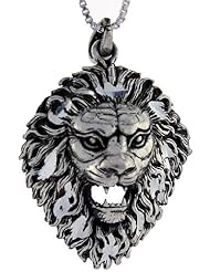Sterling Silver Lion Head Pendant, 1 5/8 inch tall