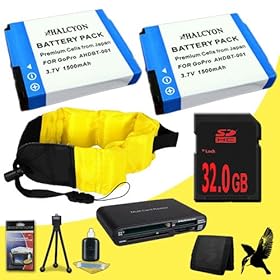 Two Halcyon 1500 mAH Lithium Ion Replacement Battery + 32GB SDHC Class 10 Memory card + Waterproof Floating Strap + Multi Card USB Reader + Memory Card Wallet + Deluxe Starter Kit for GoPro HD Hero, HD Hero2, HD HERO Naked