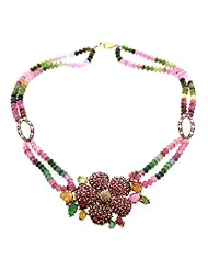 18kt Gold Diamond Pave Ruby Gemstone Beaded Necklace Wedding Jewelry