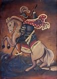 Knight Slaying Dragon Oil Painting Peru Folk Art 15x23