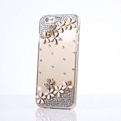 Happy Hours® Luxury 3D Handmade Glitter Crystal Rhinestone Fashion Bling Case Cover Clear Hard Phone Shell Protection for Apple iPhone 6 Plus (5.5 Inch) & Free Gift Stylus Pen Double White Flowers Chain#